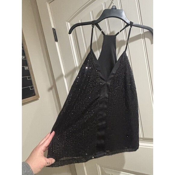 Women’s Black Sequin T-Back Spaghetti Strap Lined Top Measurements In Desc - Picture 1 of 5